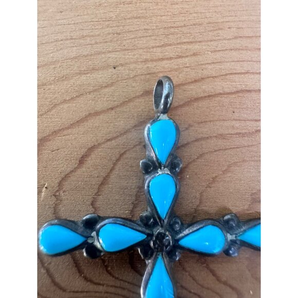 Zuni Sterling Silver Turquoise Cross Pendant - Picture 9 of 11